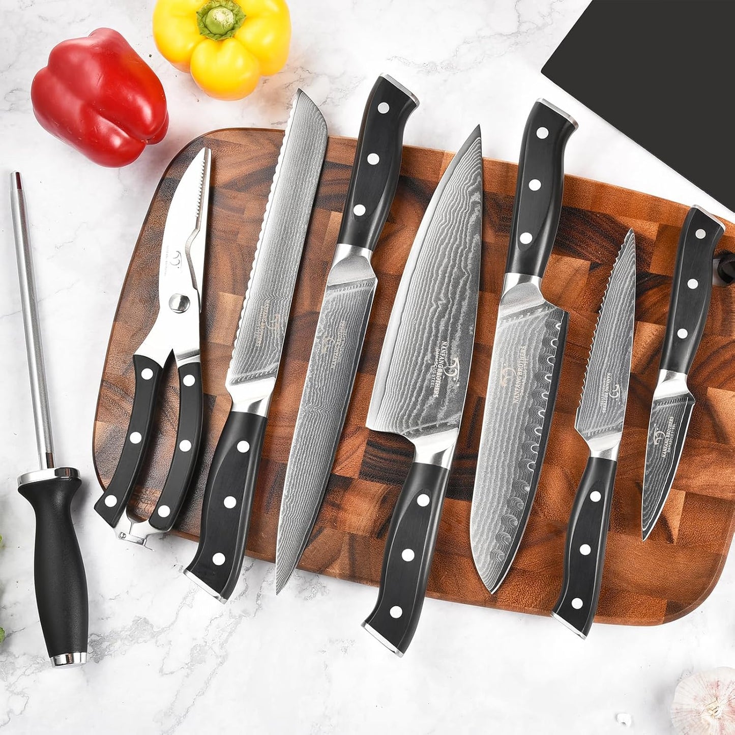 NANFANG BROTHERS Knife Sets for Kitchen with Block, Damasucs Kitchen Knife Sets 9 Pieces with Ergonomic Triple Rivet Handle, Kitchen Knives for Chopping, Slicing, Dicing & Cutting