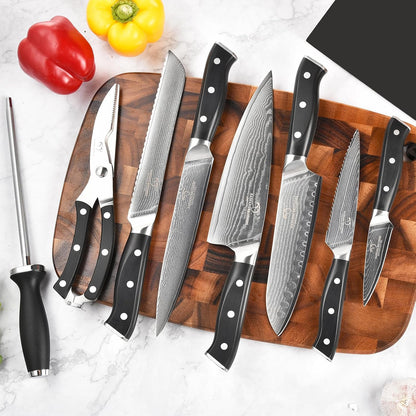 NANFANG BROTHERS Knife Sets for Kitchen with Block, Damasucs Kitchen Knife Sets 9 Pieces with Ergonomic Triple Rivet Handle, Kitchen Knives for Chopping, Slicing, Dicing & Cutting