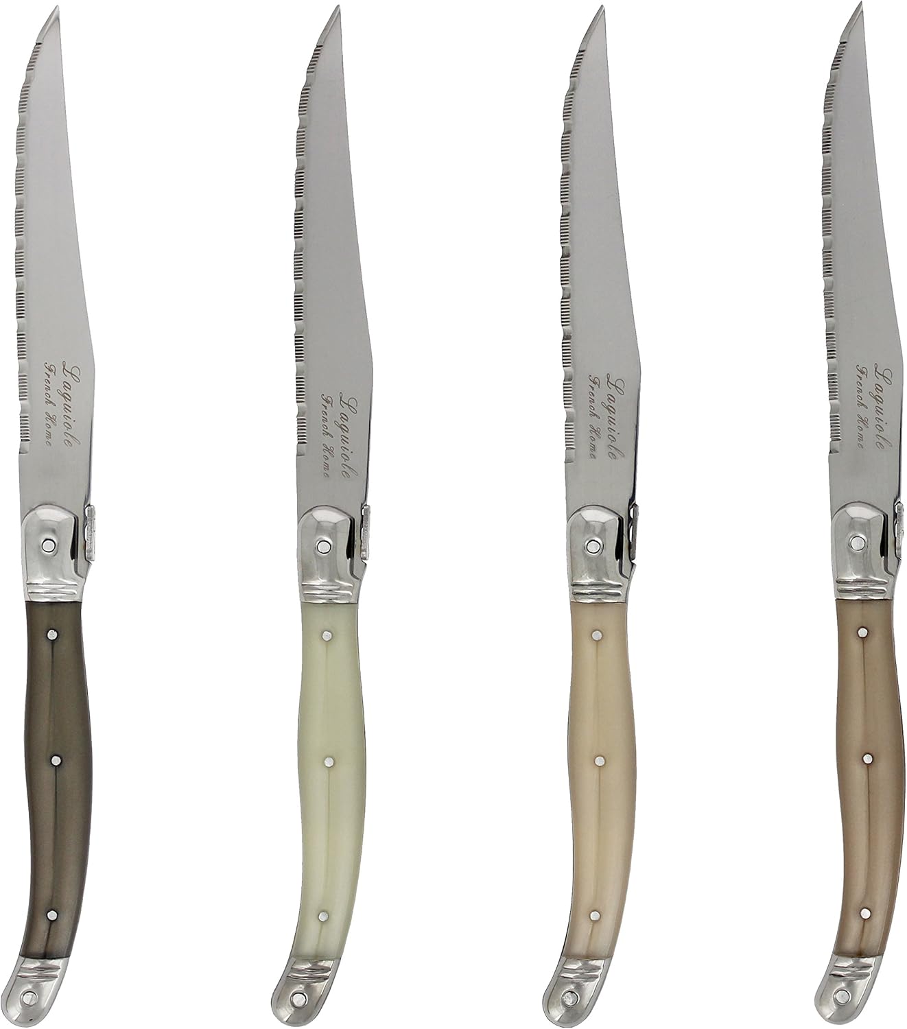 French Home Laguiole 4-Piece Steak Knife Set – Sophisticated Stainless Steel Dinner Knives with Navy Blue Handles & Iconic Bee Emblem – Serrated Knives for Smooth Cutting (9.25")