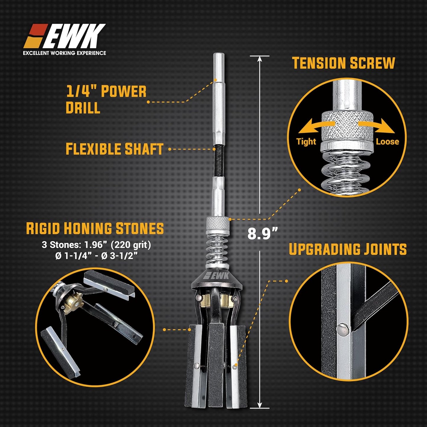 EWK 2" to 7" 3 Stones Engine Cylinder Hone Tool Adjustable Cylinder Deglazer Piston Honer 220 Grit