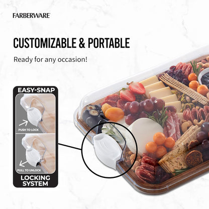 Farberware Build-A-Board Bamboo Cutting Board with Single Storage Compartment, Clear Locking Lid, Black Handles, Perfect for Charcuterie & Snacks