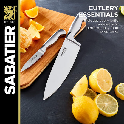 Sabatier 15-Piece Forged Triple Rivet Knife Block Set, High-Carbon Stainless Steel Kitchen Knives, Razor-Sharp Knife set with Acacia Wood Block, White Handles