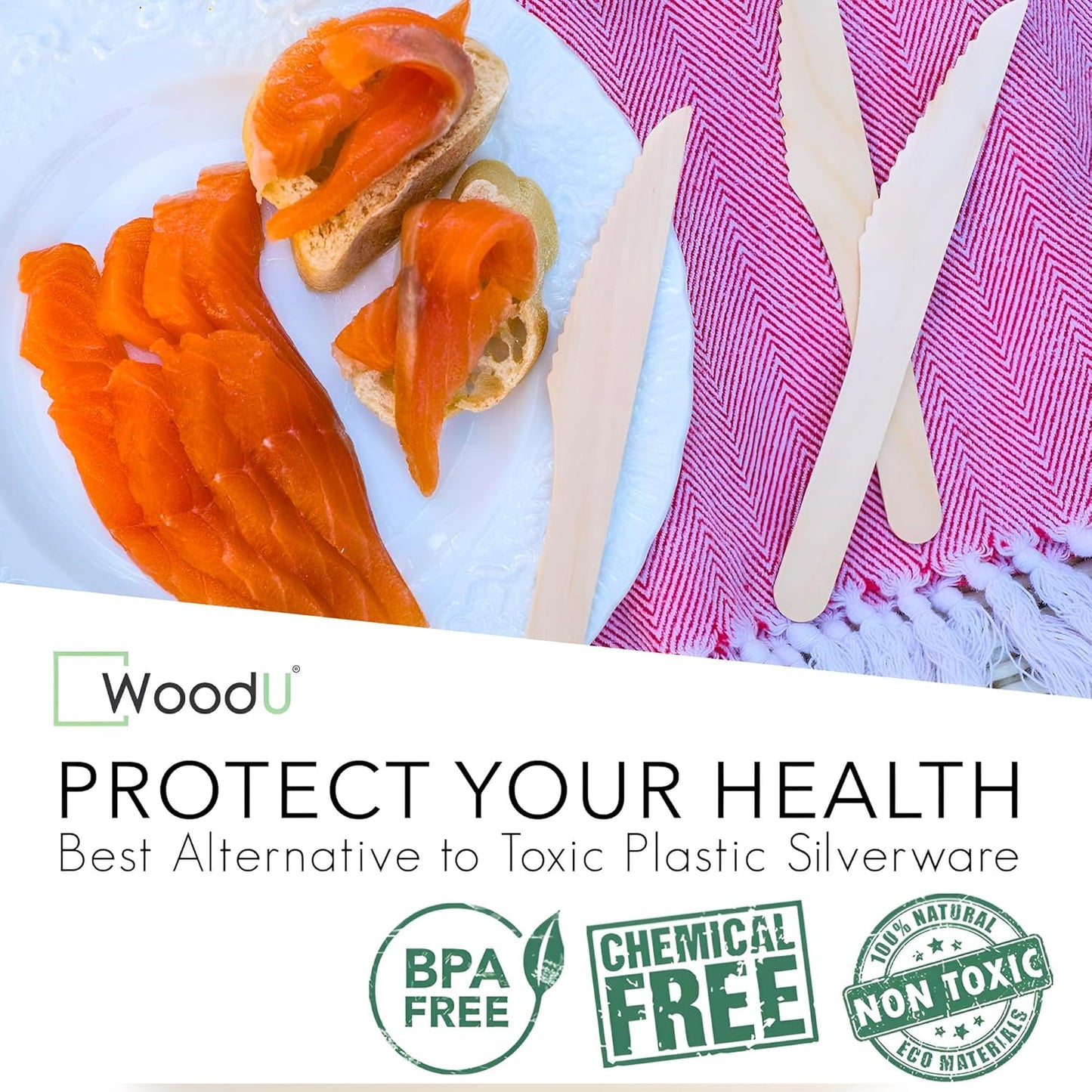 WoodU Disposable Wooden knives 100% All-Natural, Eco-Friendly, Biodegradable, and compostable knives - Pack of 100-6.5" Butter Cheese Knife Wooden Utensil