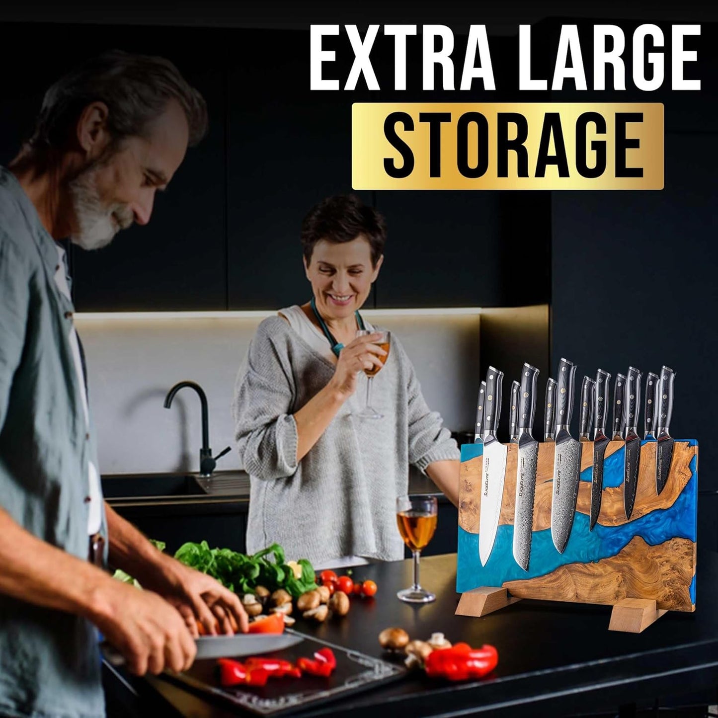 SliceElite Magnetic Knife Block Double Sided Holder East Indian Walnut Black Resin Dual Surface Magnet Storage for Knives on Kitchen Countertop Holds Up To 20 Knives