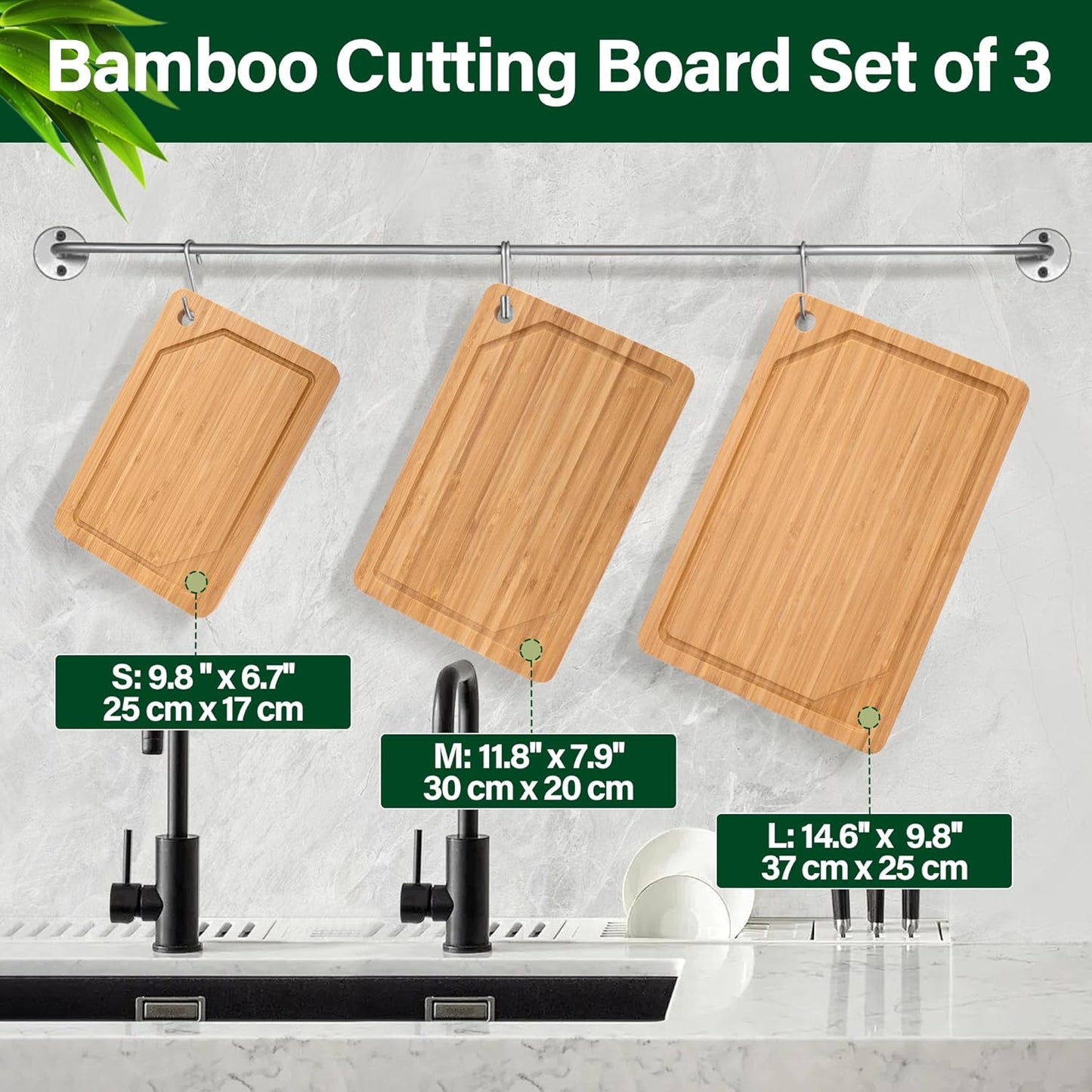 WILLKOMMEN 4-Piece Bamboo Cutting Boards for Kitchen, Chopping Board Set with Food Icon (Meat, Fish, Vegetables, Fruits) Butcher Block with Stands, Handles & Juice Grooves (Small, Medium, Large, XL)