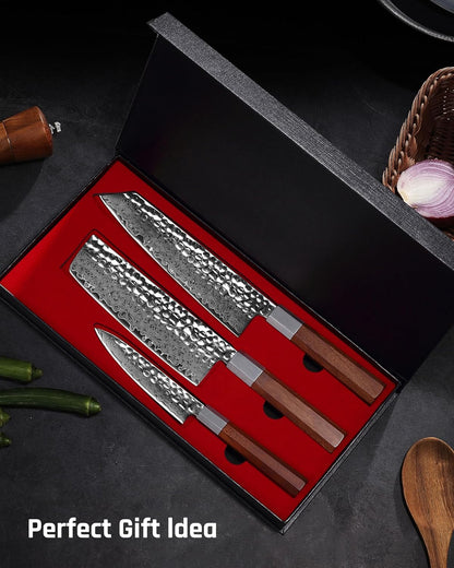 YOTSUBA 3PCS Japanese Damascus Chef Knife Set – Ultra Sharp Hand-Forged High Carbon Steel Blades with 100% Genuine Natural Hardwood Handles, Professional Kitchen Knives for Chopping Meat & Vegetables