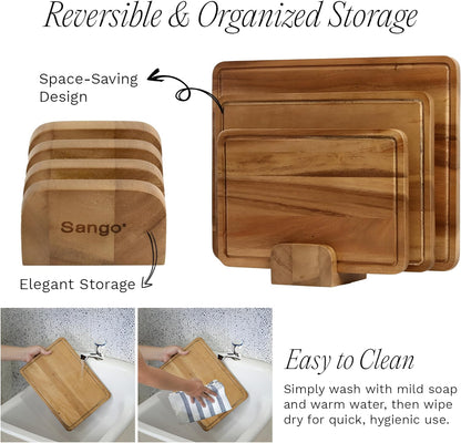 Sango Acacia Cutting Board Set with Juice Grooves and Partitions for Serving, 3-Piece- Wood Chopping Boards, Stackable & Reversible for Kitchen, Non-Toxic, Perfect as Butcher Block Countertop, Atelier