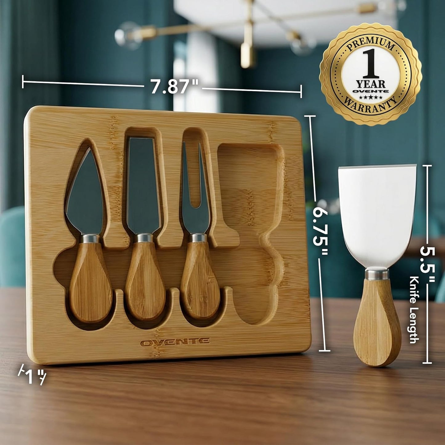 OVENTE 4 Piece Cheese Knife Set with Bamboo Handle & Wooden Case, Complete Stainless Steel Charcuterie Knives, Ideal Cheese Slicer, Spread & Butter Cutter for Party and Holiday Gift, Brown KCS5974B
