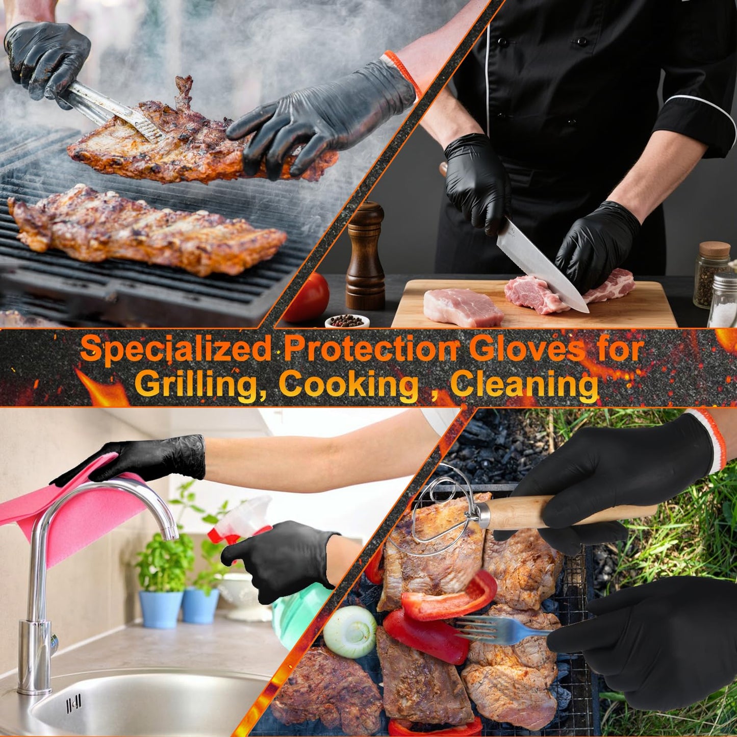 ANBOSON BBQ Gloves Disposable-Heat Resistant Cooking & Grilling Gloves Set (100 Black Nitrile, 4 Cotton Liners)-10Mil Heavy Duty Meat Handling Smoker Accessories for Hot Food Prep,Non-Slip Grip,Large