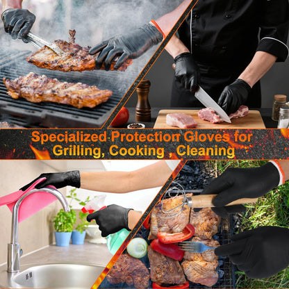 ANBOSON BBQ Gloves Disposable-Heat Resistant Cooking & Grilling Gloves Set (100 Black Nitrile, 4 Cotton Liners)-10Mil Heavy Duty Meat Handling Smoker Accessories for Hot Food Prep,Non-Slip Grip,Large