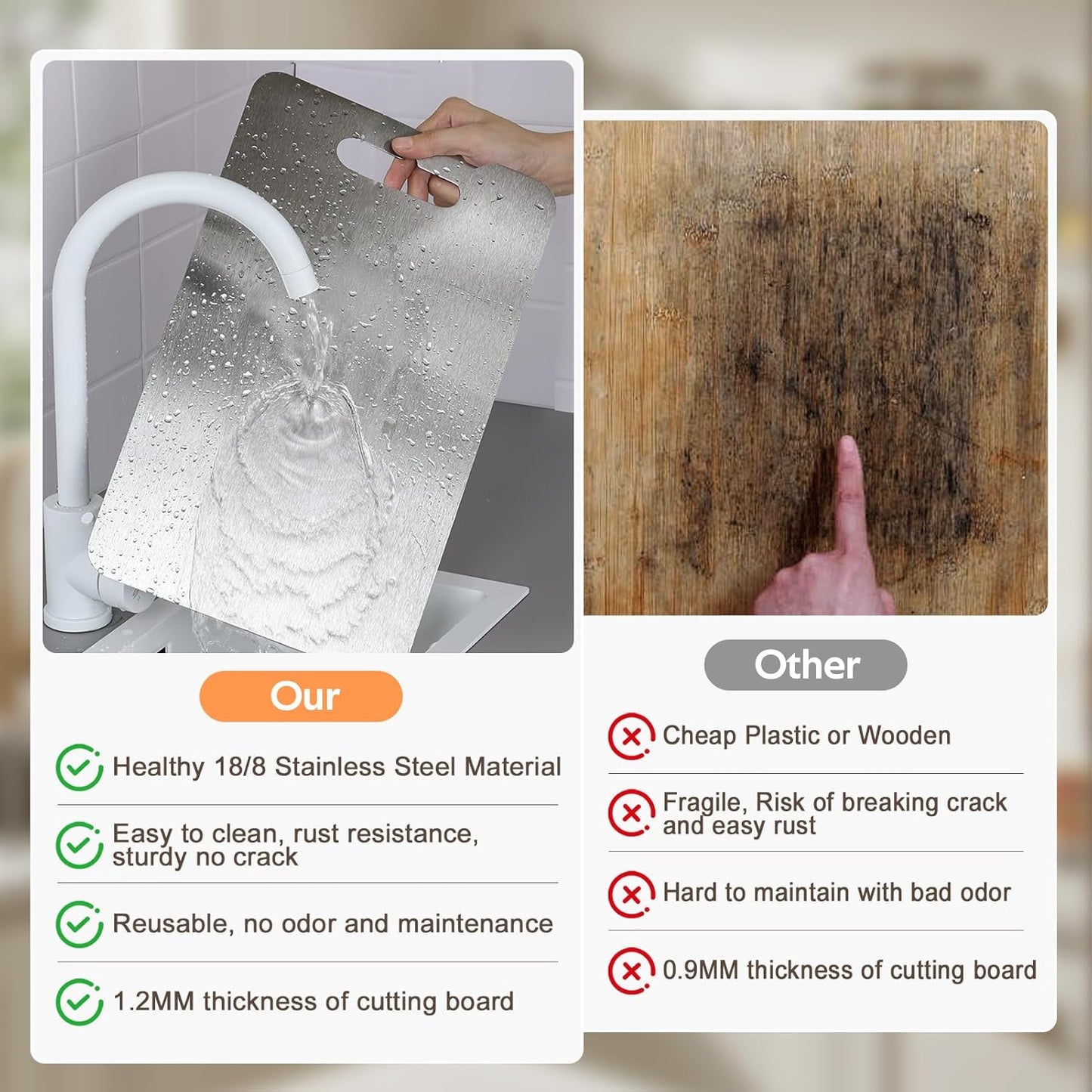 ZPUFAW 3Pcs Cutting Boards for Kitchen 304 Food Grade Stainless Steel, Large-Small Titanium Cutting Board for Cutting Fruit, Meat, Fish, Vegetables, Easy Grip Handle Easy Cleaning Dishwasher Safe