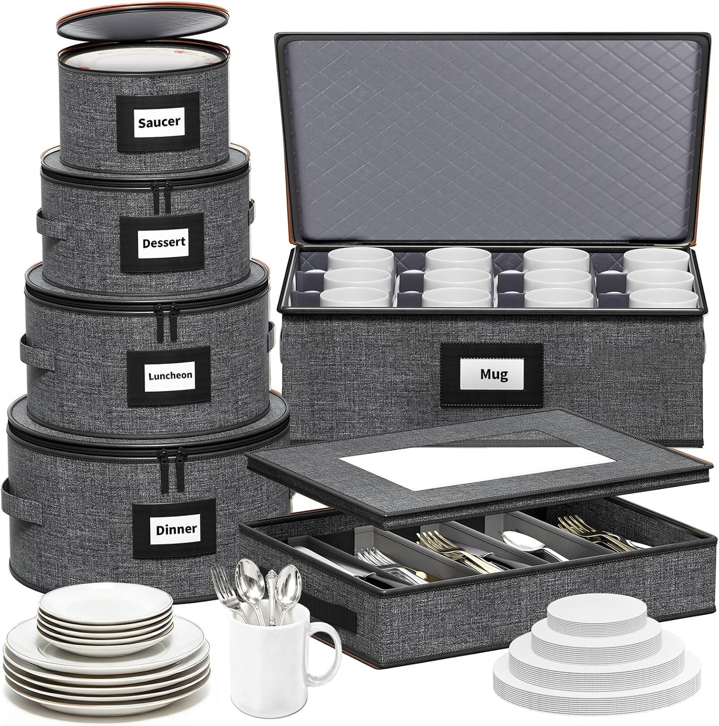 Aokeyee 2-Pack Silverware Storage Box, Sturdy Flatware Organizer with 5 Compartments & Adjustable Dividers, Utensil Case with Clear Lid & Handle for Knives, Forks & Spoons, Gray