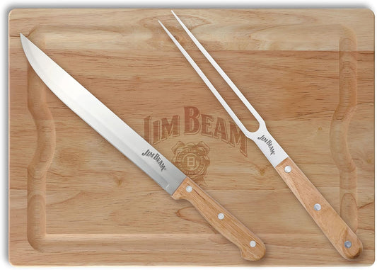 Jim Beam 3-Piece Carving Set, Includes Stainless Steel Knife and Fork with Wood Handles and Wooden Carving Board, Brown