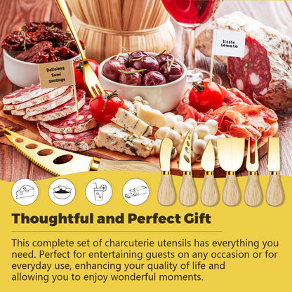 Charcuterie Boards Accessories Gold Charcuterie Utensils Cheese Butter Spreader Knife Set with Wooden Handles Small Serving Tongs Mini Forks and Spoons Flags Toothpick for Party Platter Appetizers
