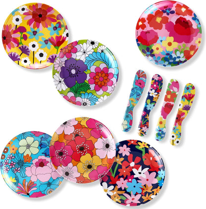 French Bull 6" Melamine Butter Spreader 4-Piece Set - Fun Vibrant Colorful Knives for Cream Cheese, Jam, Jelly, Mayo, Frosting, Sandwich-Shatterproof BPA Free Dishwasher Safe, 6-inch, Garden Florals