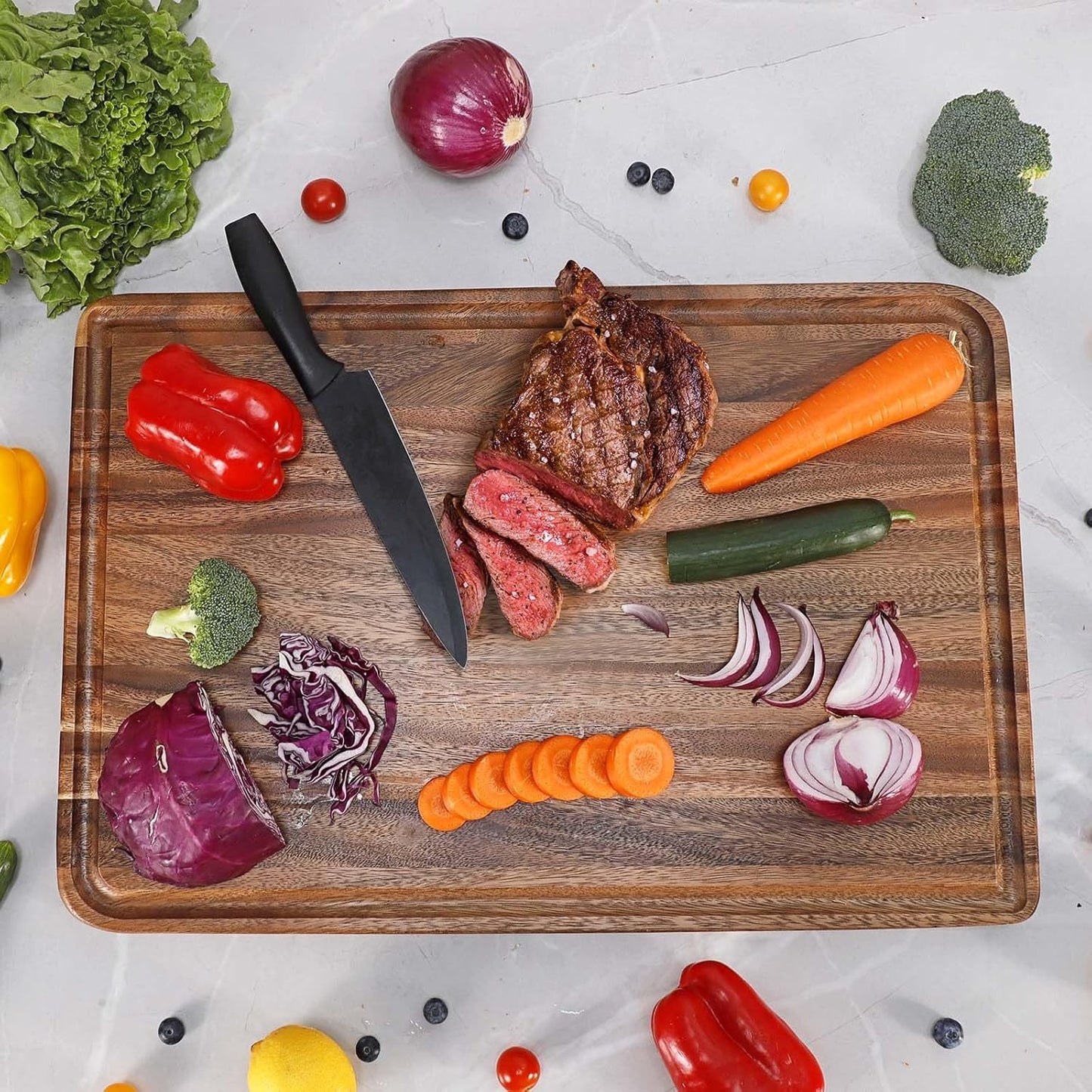 Acacia Wood Cutting Board for Kitchen - Caperci Organic Wooden Chopping Serving Board with Deep Juice Groove for Meat (Butcher Block) Veggies, Fruit and Cheese, 17 x 12"