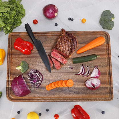 Acacia Wood Cutting Board for Kitchen - Caperci Organic Wooden Chopping Serving Board with Deep Juice Groove for Meat (Butcher Block) Veggies, Fruit and Cheese, 17 x 12"