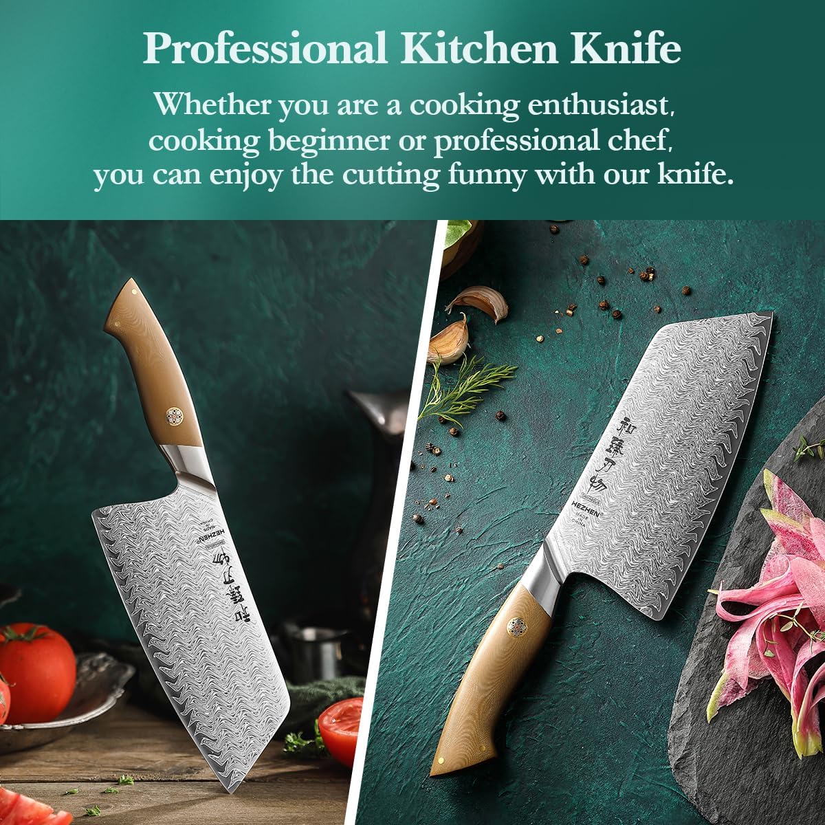 HEZHEN Damascus Chef Knife, 8.5 Inches, 67 Layers Damascus Steel, Professional Japanese Kitchen Knife for Chefs and Home Cooking, Ultra-sharp Blade with Linen Micarta Handle, Gift Packing