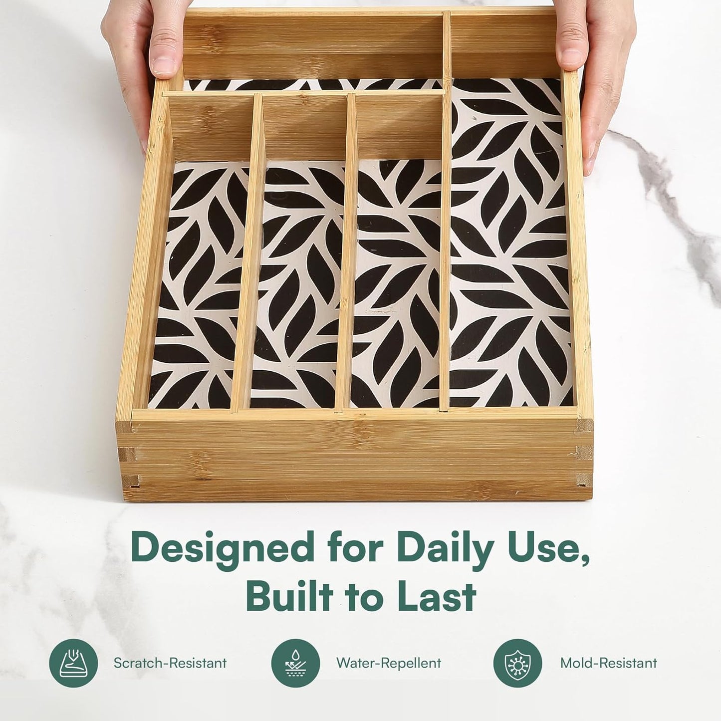 Pristine Bamboo Silverware Organizer - Small Extra-Deep Wooden Kitchen Drawer Organizer Divider for Spoons, Forks, Knives & Cutleries - 5 Slots