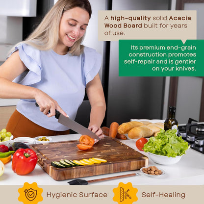 Evergreen End Grain Acacia Wood Cutting Board for Kitchen | Large 16x12.4x1.5" Butcher Block with Juice Groove & Non-Slip Feet | 2in1 Charcuterie Board, Non-Toxic, Gift Box