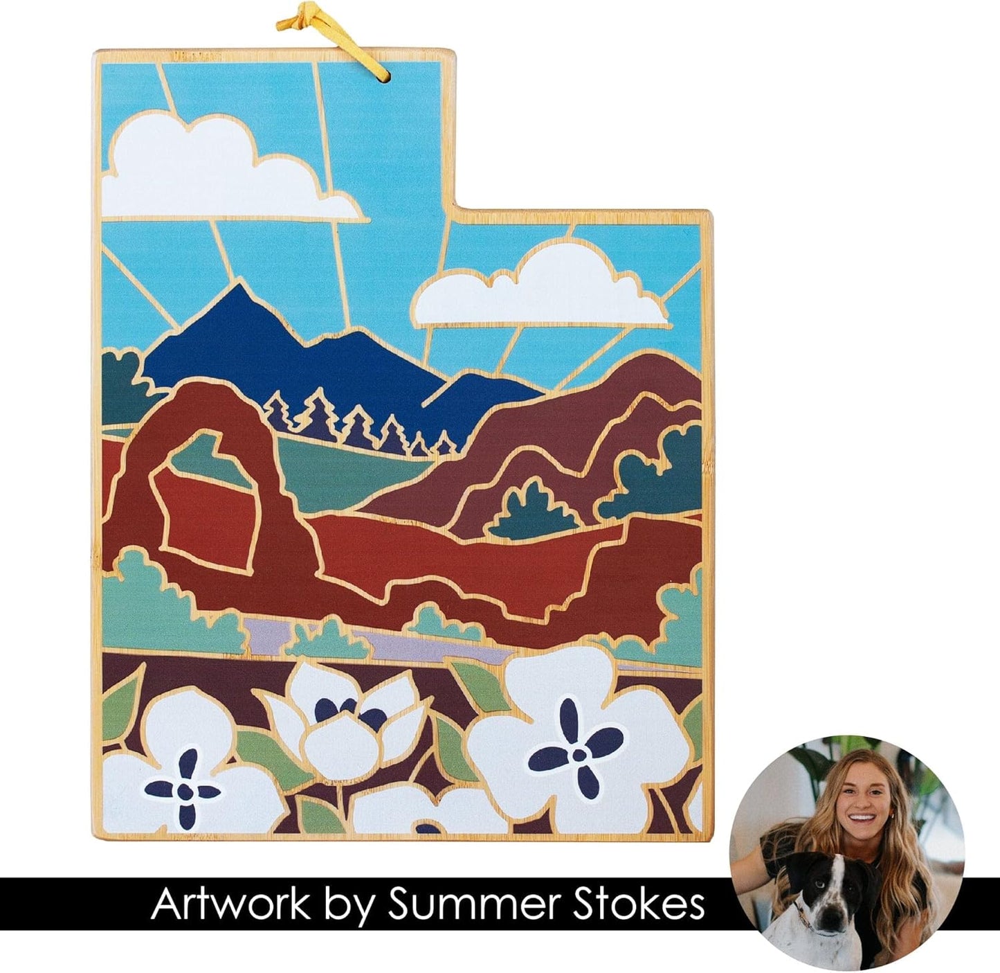 Totally Bamboo North Carolina State Shaped Cutting Board and Charcuterie Serving Platter with Artwork by Summer Stokes, Includes Hang Tie for Wall Display 18" x 8" x 5/8" - Colors A