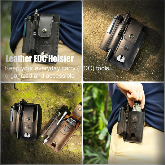 Topstache Leather Multitool Sheath - Multi Tool Holster with Belt Clip - EDC Belt Organizer Fits Multitool, Flashlight, Pen - Leather EDC Pouch Belt Holder Case with Closure Flap, Darkbrown