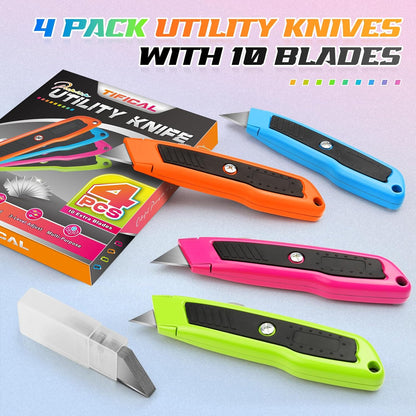 Box Cutter Retractable, Heavy Duty Zinc Alloy Utility Knife, Razor Knife for Cardboard, Boxes and Cartons, Vinyl, Carpet, Leather, Box Opener for Home & Office, Extra 10 Replacement Blades