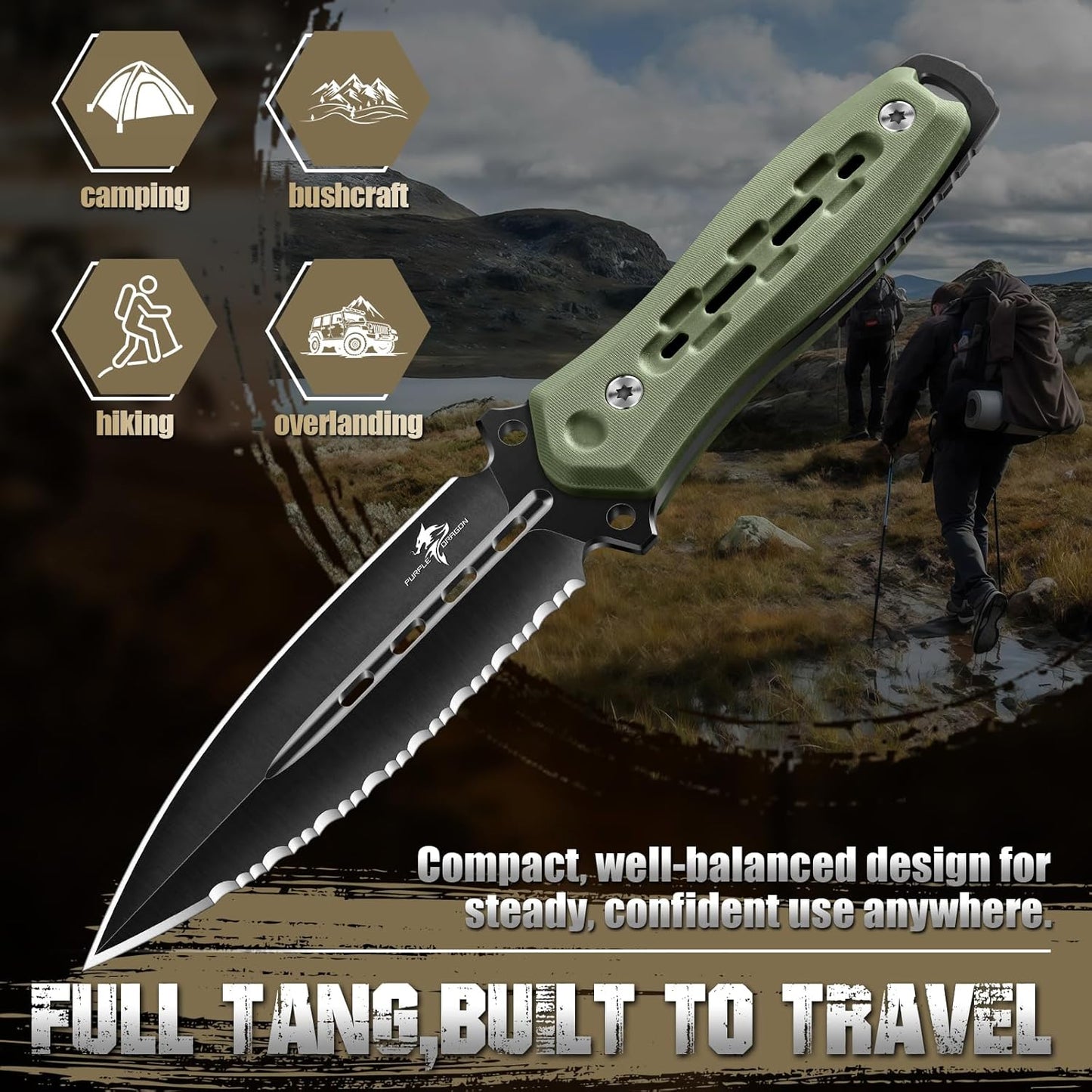 Purple Dragon Fixed Blade Knife with Kydex Sheath,440C Steel Full Tang Outdoor Utility Knife with G10 Handle for Camping, Hiking,Bushcraft & Outdoor Use-Black