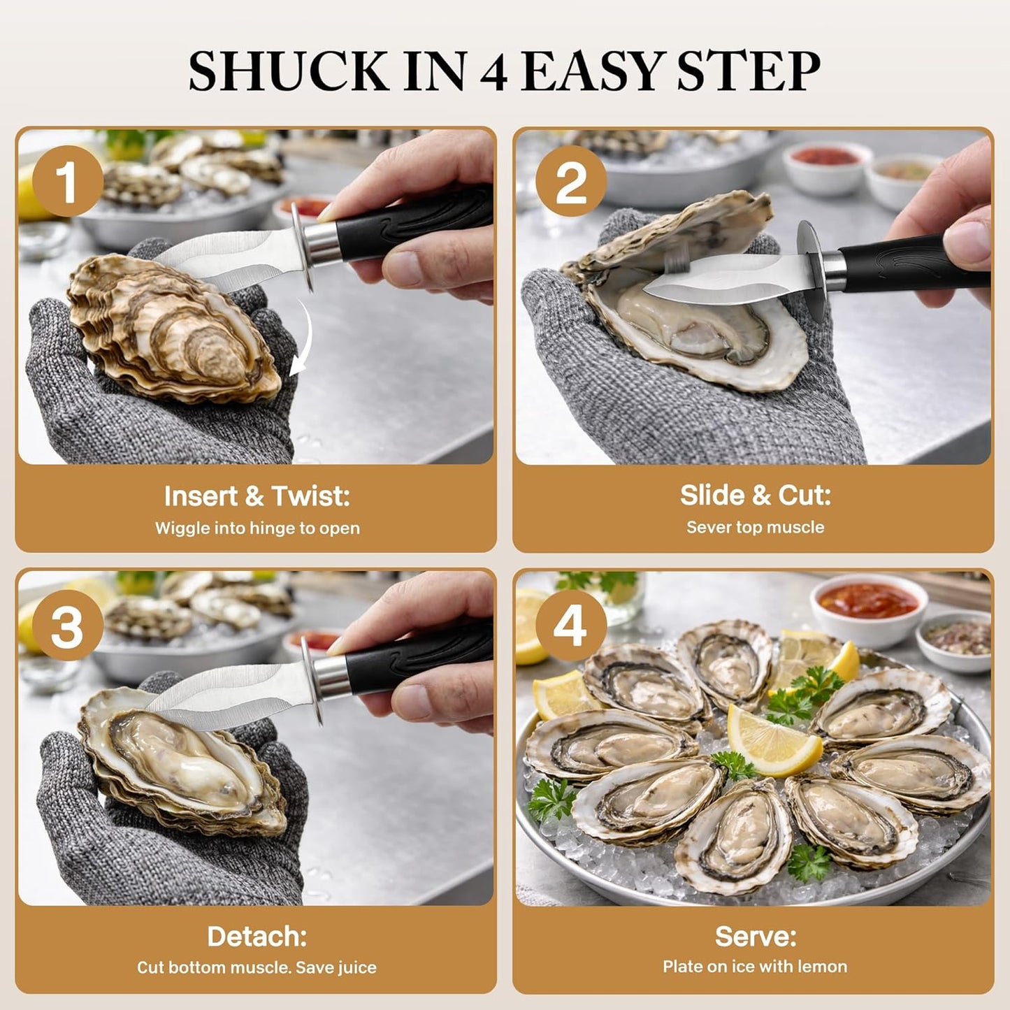 Oyster Shucking Knife Set - 2 Stainless Steel Oyster Shucker and Oyster Shucking Knife with PVC Sheath & 2 Cut Resistant Gloves and Oyster Shucking Kit for All Kinds of Shells, Clam, and Crab
