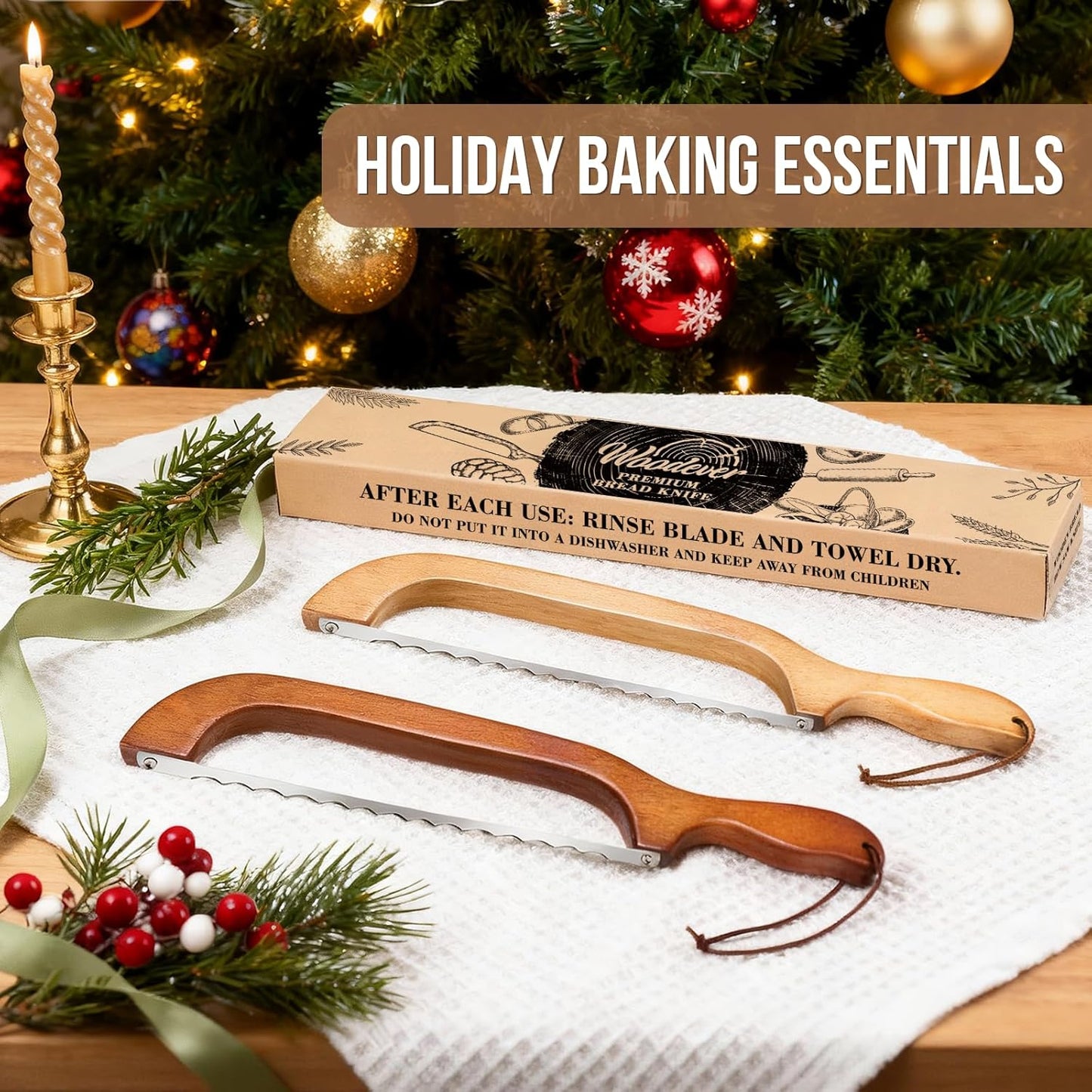 Woodever Bread Knife, 2 Pack Bread Slicer for Homemade Bread, 16'' Wooden Sourdough Bread Knife with Bow Design, Premium Stainless Steel Serrated Bread Cutter for Bagels and Baguettes (2 Pack)
