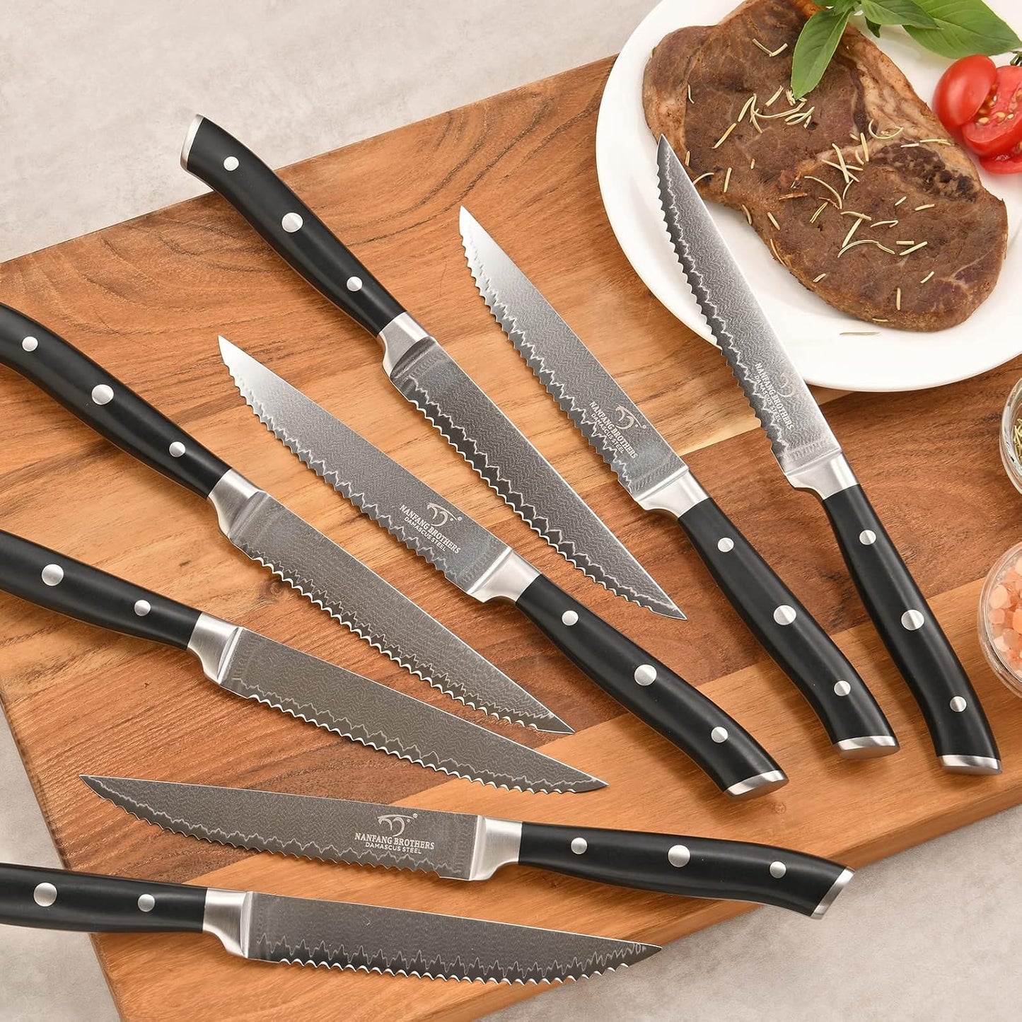 Damascus Knife Set with Block for Kitchen, 7-Piece VG10 Damascus Steel Kitchen Knife Set with Triple-Rivet Handles, Chef, Bread & Santoku Knives, Shears, Natural Wooden Block