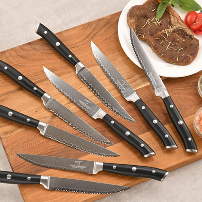 Damascus Knife Set with Block for Kitchen, 7-Piece VG10 Damascus Steel Kitchen Knife Set with Triple-Rivet Handles, Chef, Bread & Santoku Knives, Shears, Natural Wooden Block