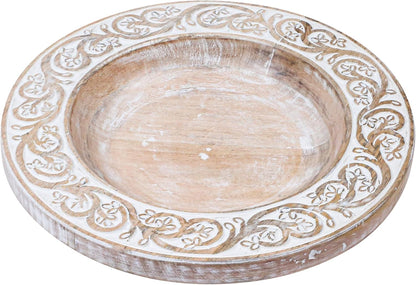 Mango Carving Wood Round Platters for Ottoman or Side Table, Charcuterie Board or Cheese Platter for Living Room (13" x 13" x 2" - White Wash)