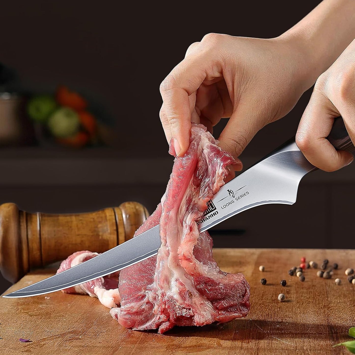 HOSHANHO 8 Inch Carving Knife & 7 Inch Fork Set, Professional Japanese High Carbon Steel Razor Sharp Butcher Brisket Slicing Knife Set for Meat Cutting, BBQ