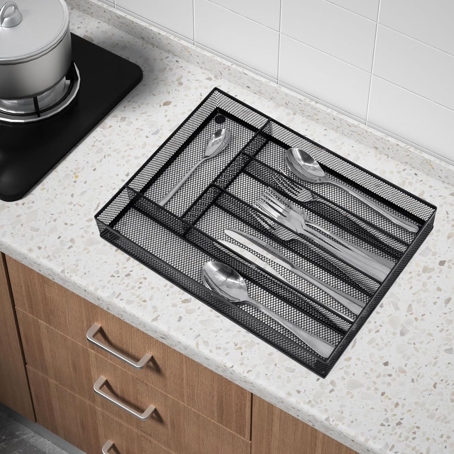 Neudeco Silverware Organizer,Mesh Drawer Organizer for Kitchen，Metal Utensil Organizer for Flatware, Knives, Spoons,Cosmetic (Silver 9 * 3 * 2 inch Pack6)
