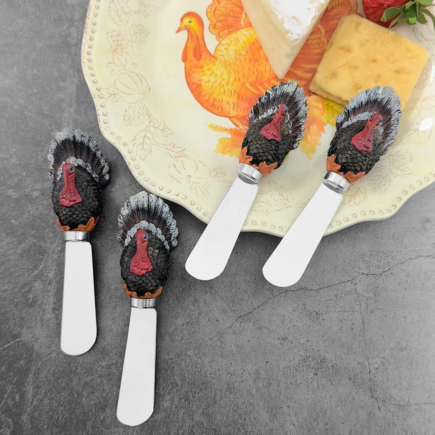 Supreme Housewares Harvest Cheese Spreaders, Hand-Painted Resin Handles with Stainless Steel Blades for Spreading Cream Cheese, Butter, and Jam, Assorted Thanksgiving Designs, Set of 4