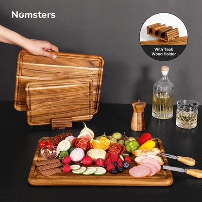 4 Pack Teak Cutting Board Set for Kitchen Heavy Duty Non Toxic Non Slip Solid Thick Wood Haus Chopping Board Extra Large Big Small Meat Best Wooden Charcuterie Board