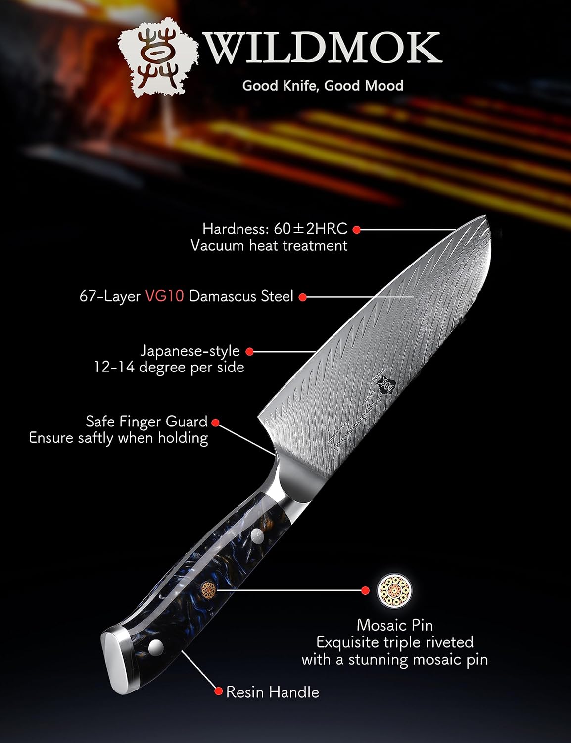 WILDMOK Santoku Knife 7 Inch kitchen knife, Ultra Sharp with Japanese Damascus Forged Santoku Knife, Ergonomic Resin Handle, cooking gifts with gift box