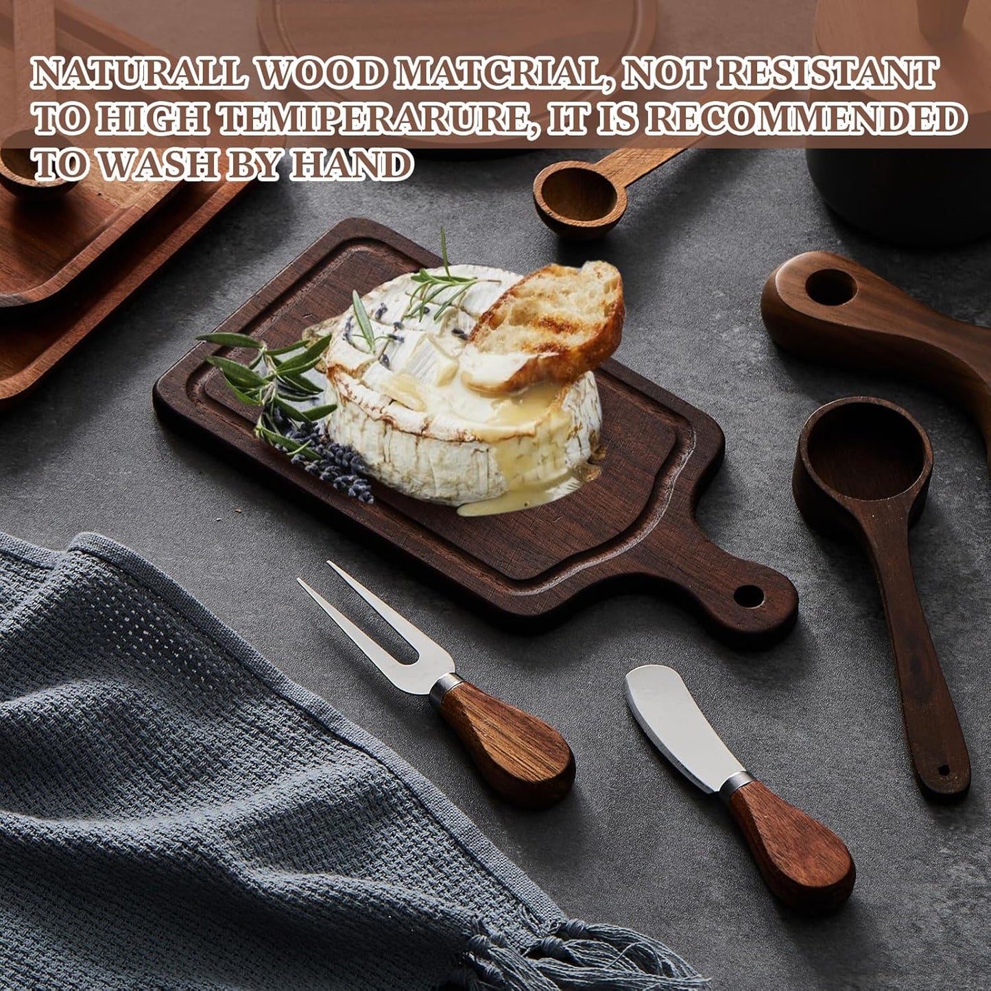 1 Set Bridal Baby Shower Cheese Prizes Wooden Square Board Gift Set Knives Forks Thank You Tags with Box for Guests for Valentines Bridal Baby Shower Housewarming Gifts (Acacia Color)