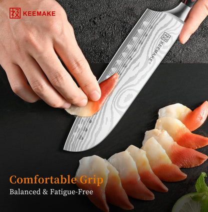 KEEMAKE Santoku Knife - 7 Inch High Carbon Japanese Chefs Knife with Ergonomic Pakkawood Handle and Sheath, Gifts for Mom or Dad, Kitchen Gadgets with Gift Box, Father Day Gifts
