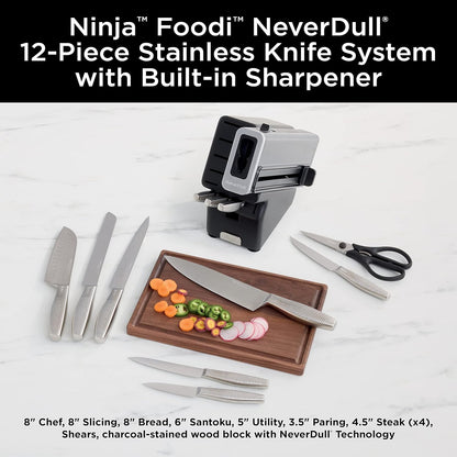 Ninja K32012 Foodi NeverDull Premium Knife System, 12 Piece Knife Block Set with Built-in Sharpener, German Stainless Steel Knives, Black