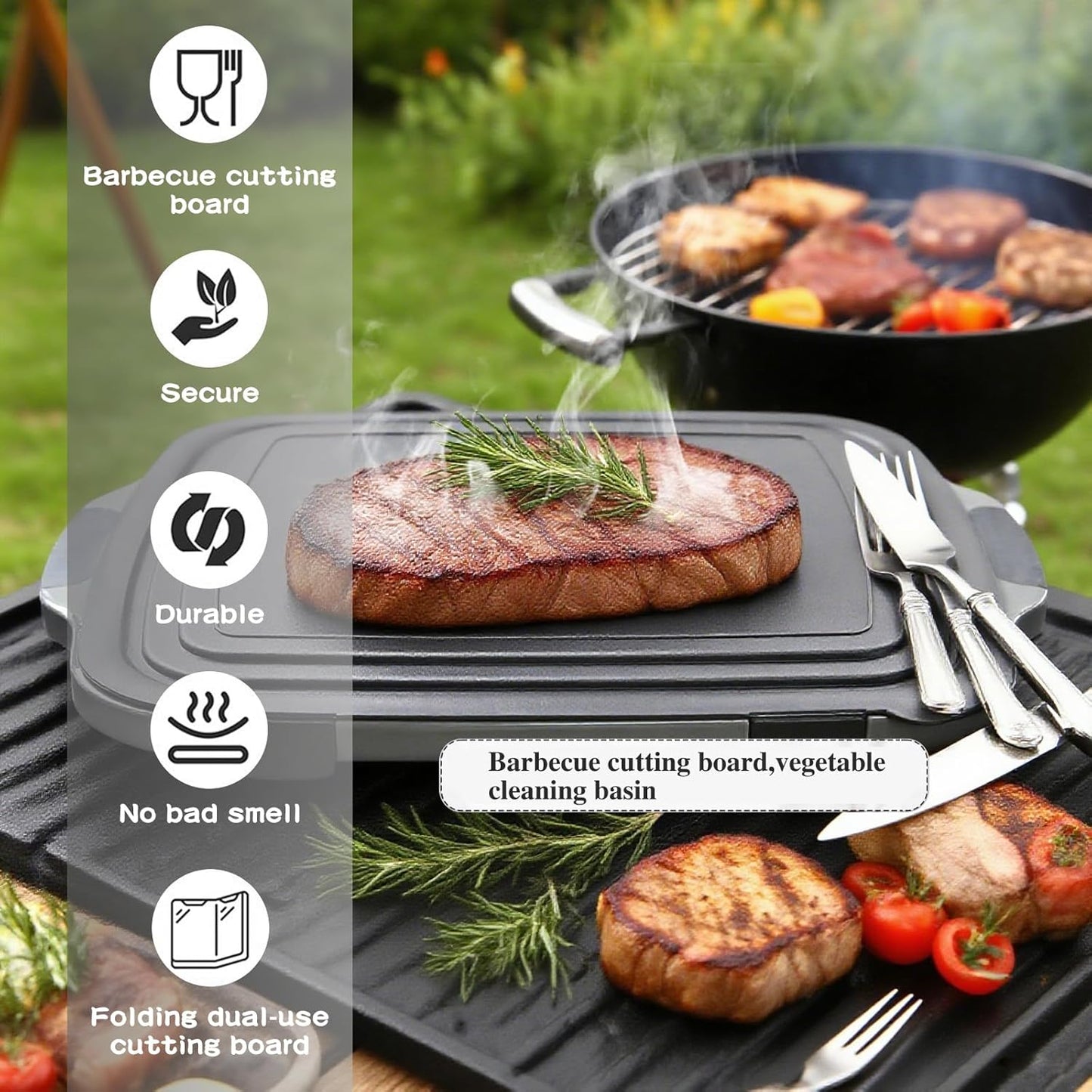 Collapsible BBQ Prep Tub with Lid & Cutting Board 8L - Meat Marinating Basin & Grill Carry System - 5pc Set with Heat Resistant Gloves, Basting Brush & Spatula(Orange, Large, 8L)