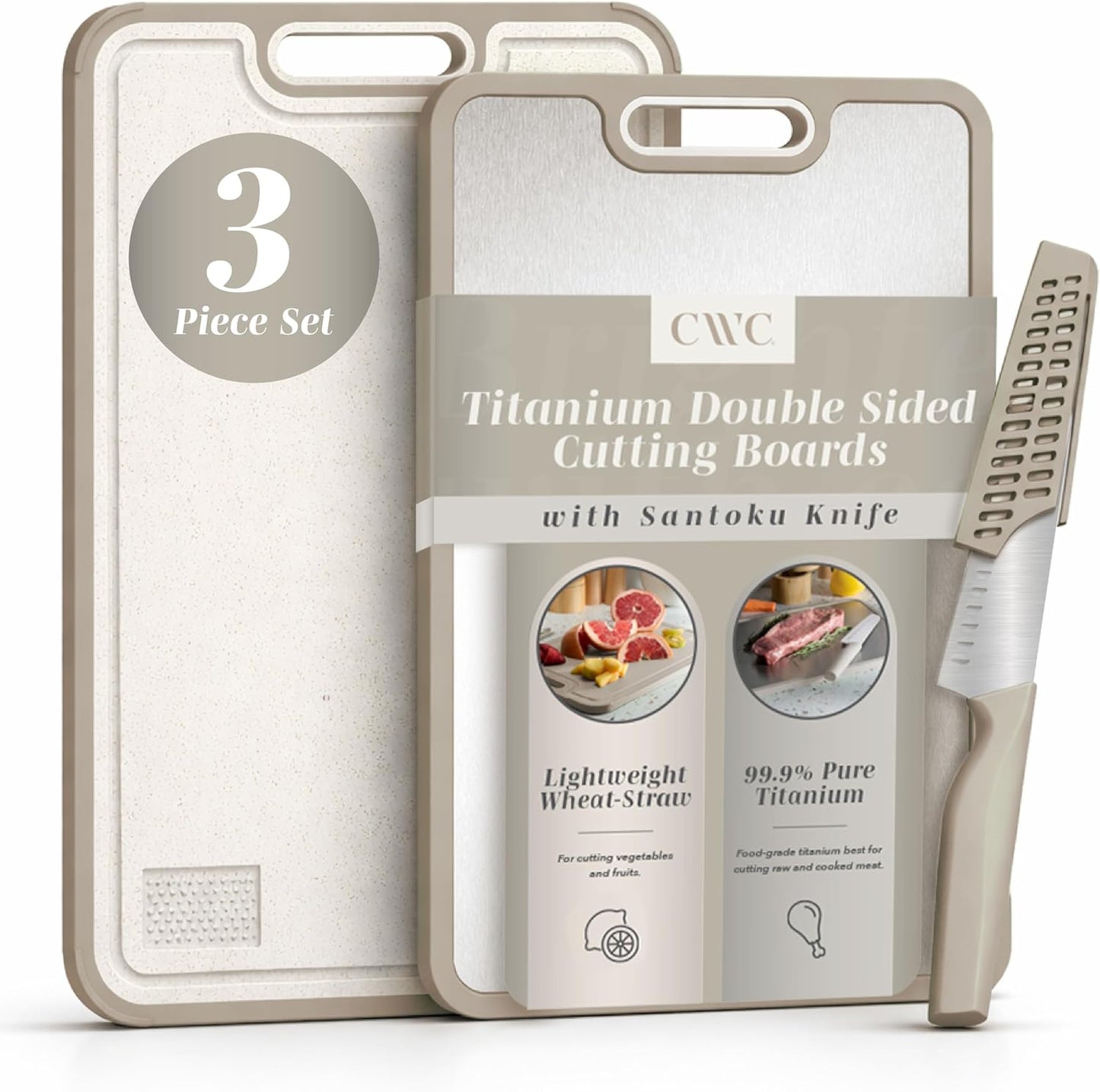 COOK WITH COLOR Titanium Cutting Board for Kitchen, 3 Pc Cutting Board Set with Knife, Double Sided Food Grade, Pure Titanium, Easy to Clean