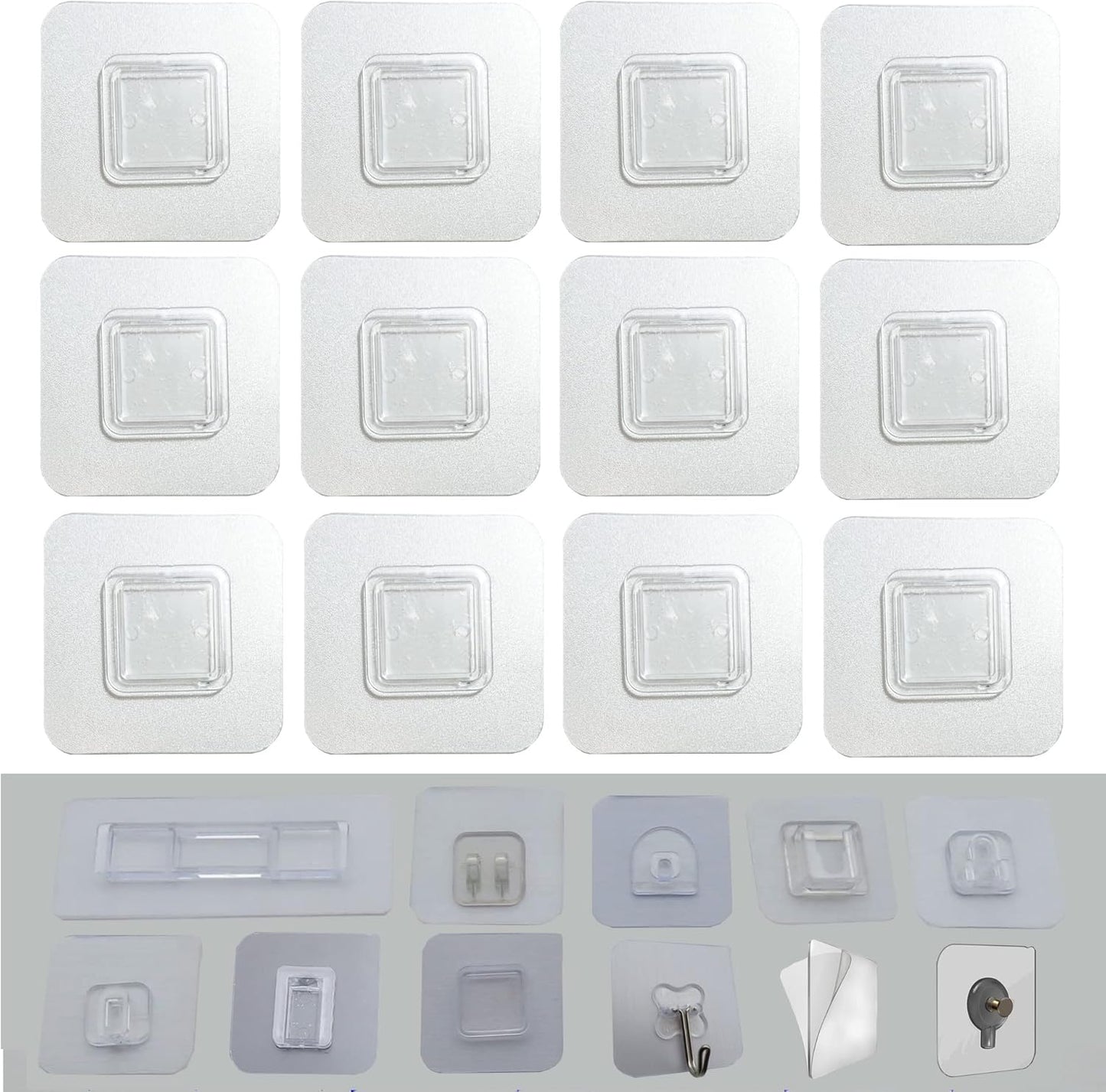 12 PCS Wall Mounted Replacement Sticky pads for Kitchen Bathroom Shower Caddy Organizer Rack Holder Nail Free Adhesive Hooks (Square)