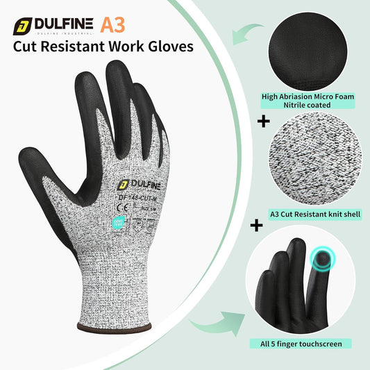 DULFINE A3/A4/A9 Cut Resistant Work Gloves for Men Women,Touchscreen Foam Nitrile Coated,Ideal for Glass Cutting Wood Carving