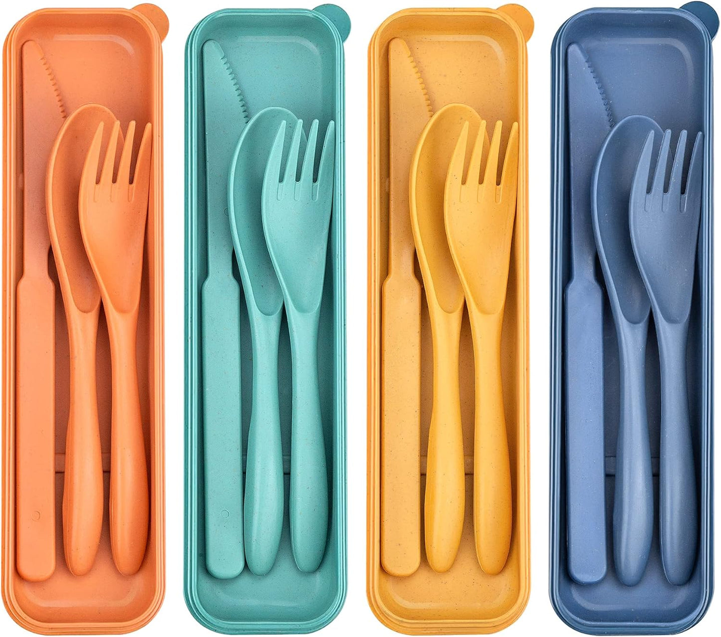 DISSKNIC Reusable Utensils Set with Case, 6 Sets Travel Utensils with Case, Wheat Straw Portable Cutlery Set Chopsticks Knives Fork and Spoon for Lunch Box Accessories