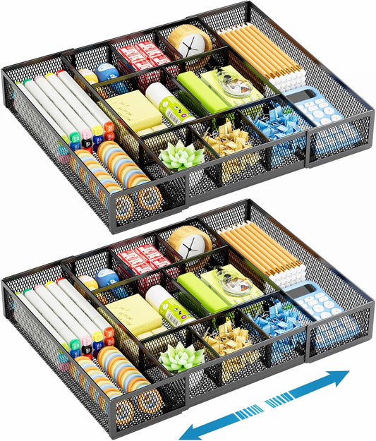 Marbrasse Expandable Desk Drawer Organizer, Mesh Drawer Organizer Tray with 10 Adjustable Compartments, Desk Organizers and Accessories for Office Supplies, Makeup & Vanity (Expandable White-2 pack)