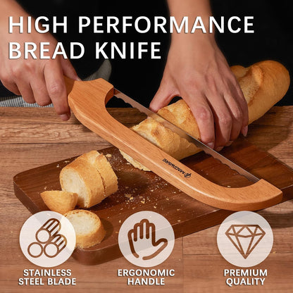 Magiware Bread Slicer Knife for Homemade Bread, Wooden Sourdough Bread Knife Cutter for Slicing, Serrated Bread Bow Knife Bread Saw Tool, Kitchen Baking Supplies (Acacia)