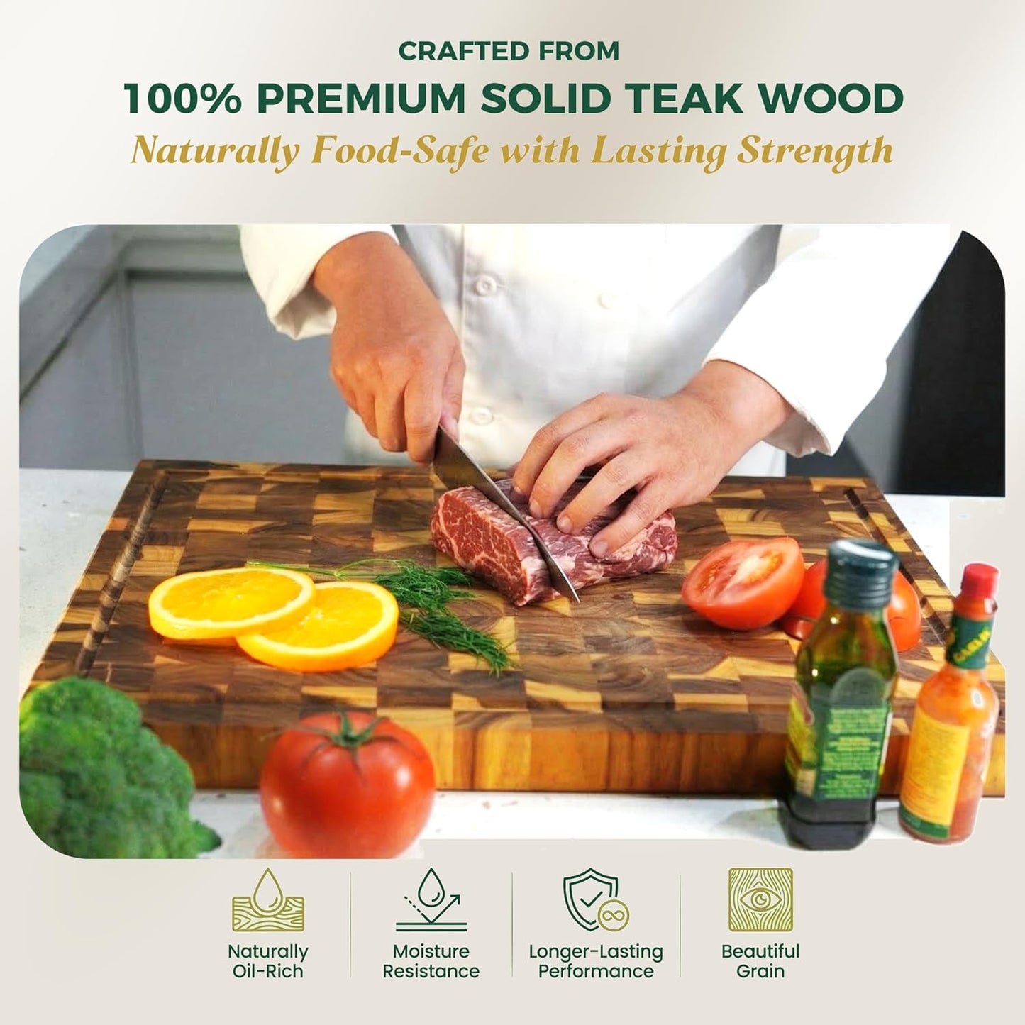 Teak Cutting Board - End Grain Butcher Block, 20 x 14 x 1.5 Inch Large Wood Board with Juice Groove & Side Handles, Extra Thick Carving Board for Meat Prep, BBQ & Charcuterie