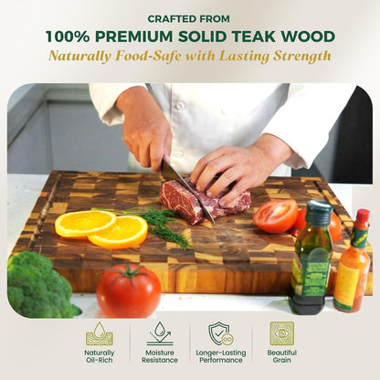 Teak Cutting Board - End Grain Butcher Block, 20 x 14 x 1.5 Inch Large Wood Board with Juice Groove & Side Handles, Extra Thick Carving Board for Meat Prep, BBQ & Charcuterie